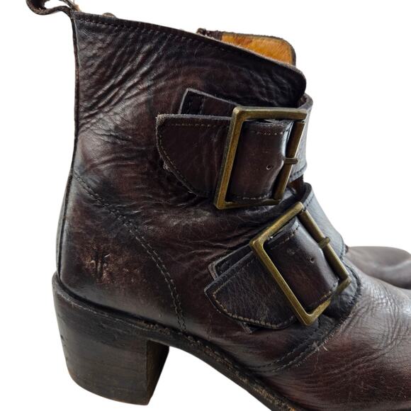 Frye Ankle Boots Womens 8.5 M Sabrina Double Buckle Moto Booties Brown Leather - Picture 2 of 12